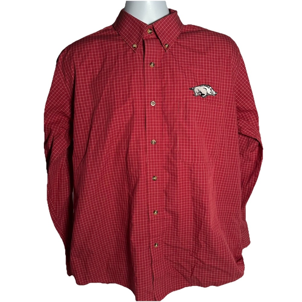 Arkansas Razorbacks Short Sleeve Plaid Button Down Red Shirt Size Medium